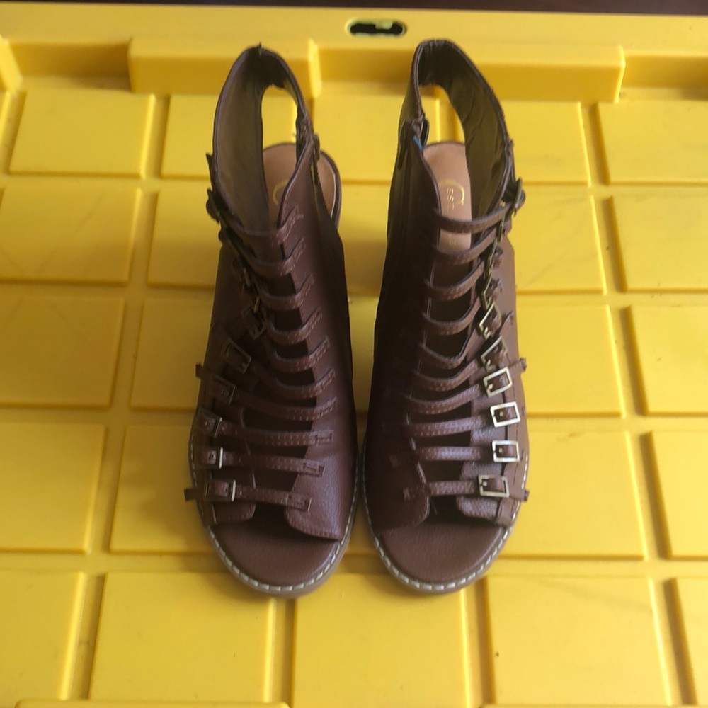 Brown peep toe and heel bootie